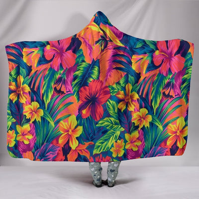 Neon Floral Print Premium Hooded Blanket