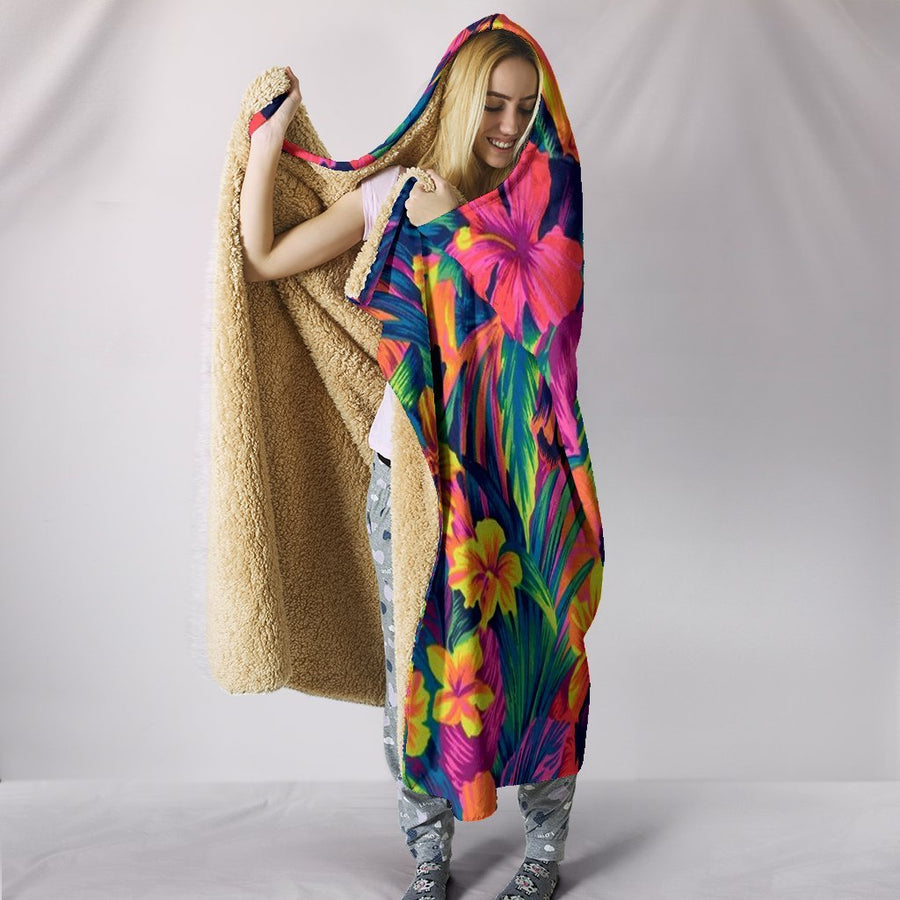 Neon Floral Print Premium Hooded Blanket