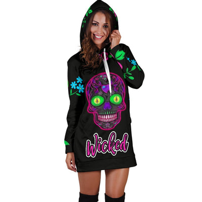 Wicked Skulls Hoodie Dress with Roses and Sugar Skull Art